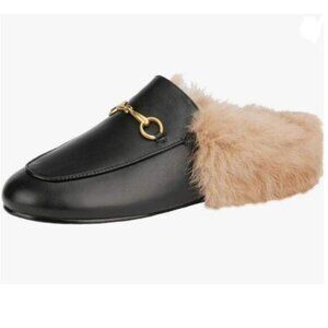 FOWT Black Fur Mules for Women Fluffy Fur Buckle Mule Shoes Backless Loafers
